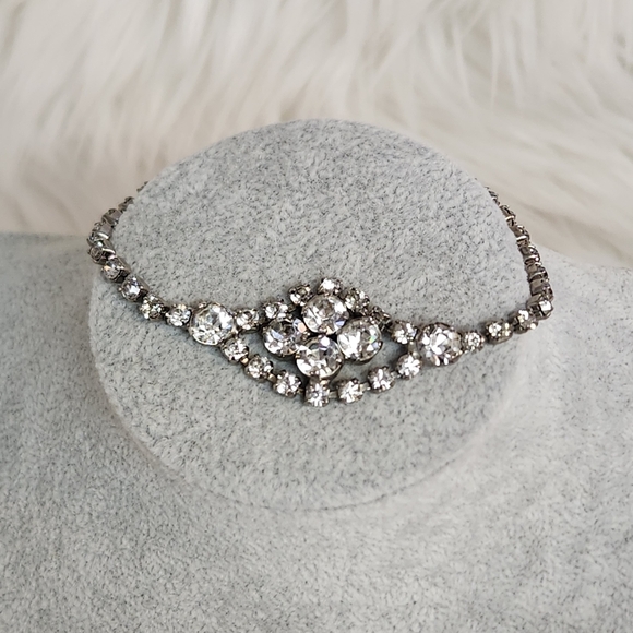 Vintage Art Deco Style Rhinestone Link Bracelet Silver Tone 1950s Retro Costume - Picture 6 of 9